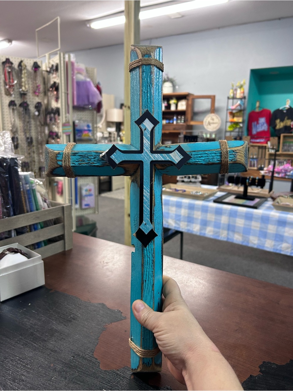 Turquoise Wooden Decorative Cross with Black Inlay